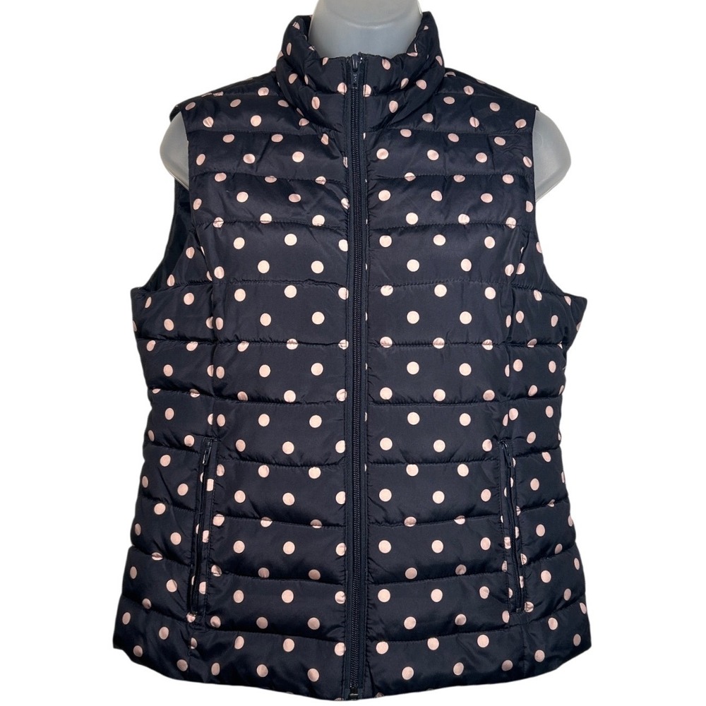 Colebrook Essentials Navy Pink Polka Dot Puffer Vest Sleeveless Jacket Mock Neck
